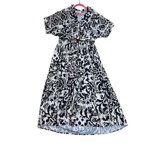 Impressions Womens 1XL Black White Abstract Print Belted Long Midi  Dress